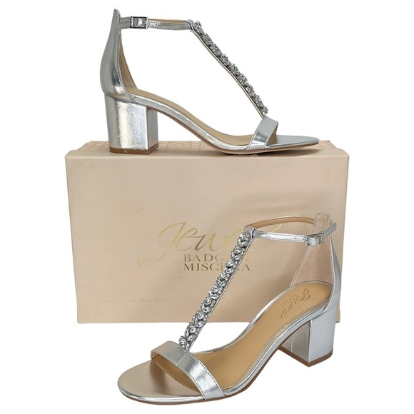 Jewel Badgley Mischka Lindsey Silver Faux Leather Rhinestone T-as tap Heels 7M - Picture 1 of 14